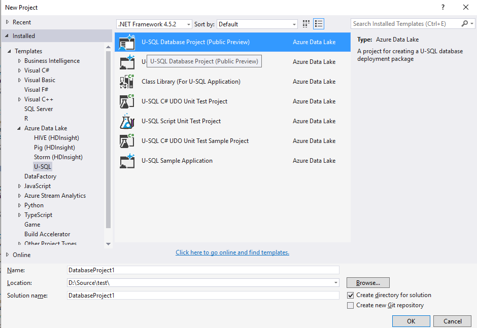 Ferramentas do Data Lake para Visual Studio – Criar projeto de base de dados U-SQL