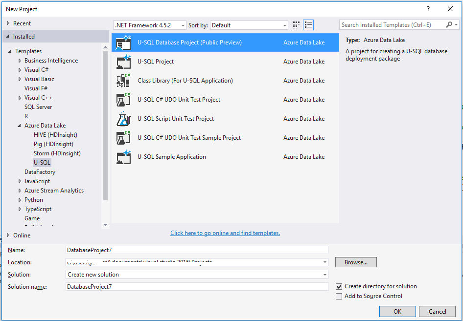 Ferramentas do Data Lake para Visual Studio – criar projeto de base de dados U-SQL
