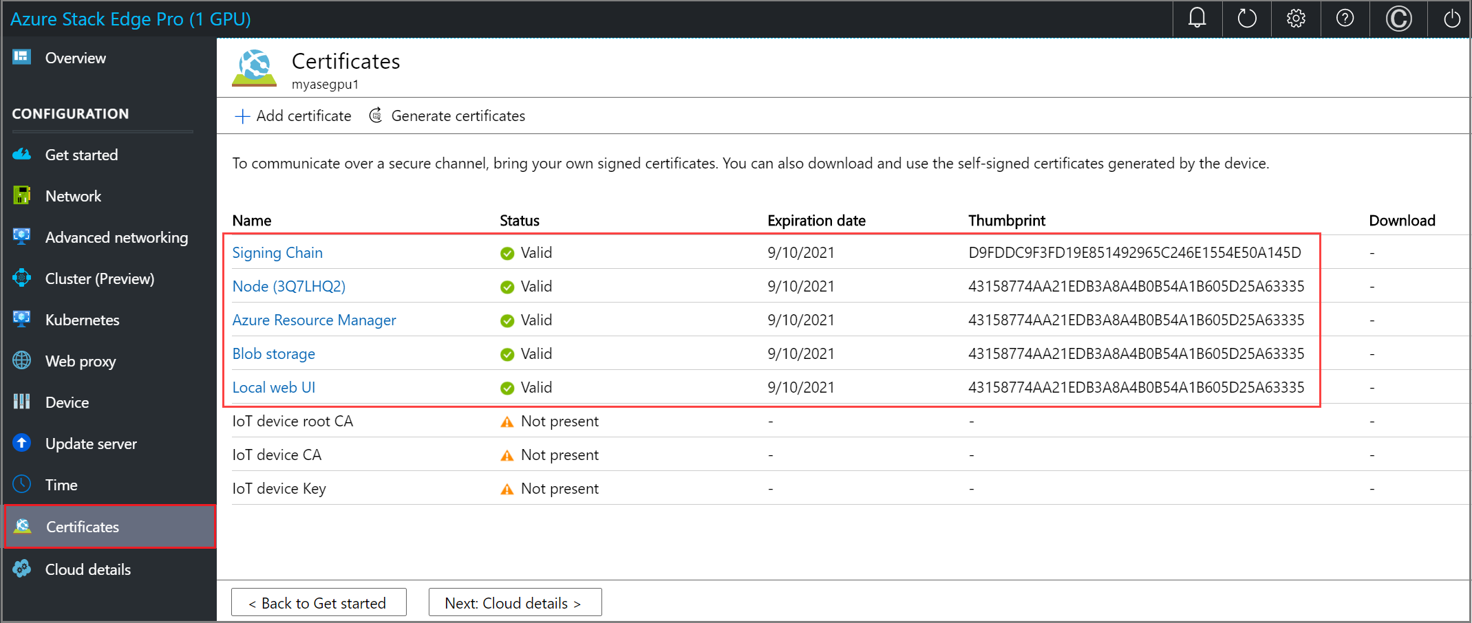 Screenshot of the Certificates page in the local web UI for an Azure Stack Edge device. A newly added set of certificates is highlighted.