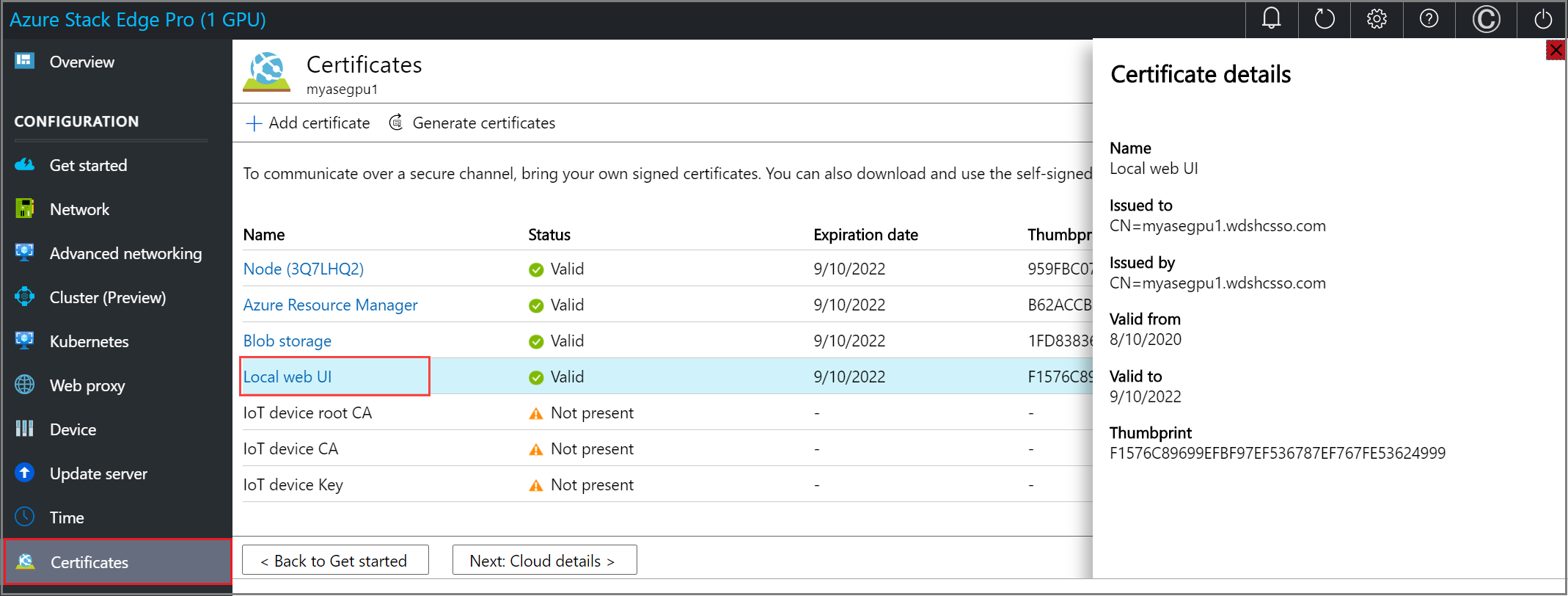 Screenshot showing the Certificate Details pane on the Certificates page of an Azure Stack Edge device. The selected certificate is highlighted.