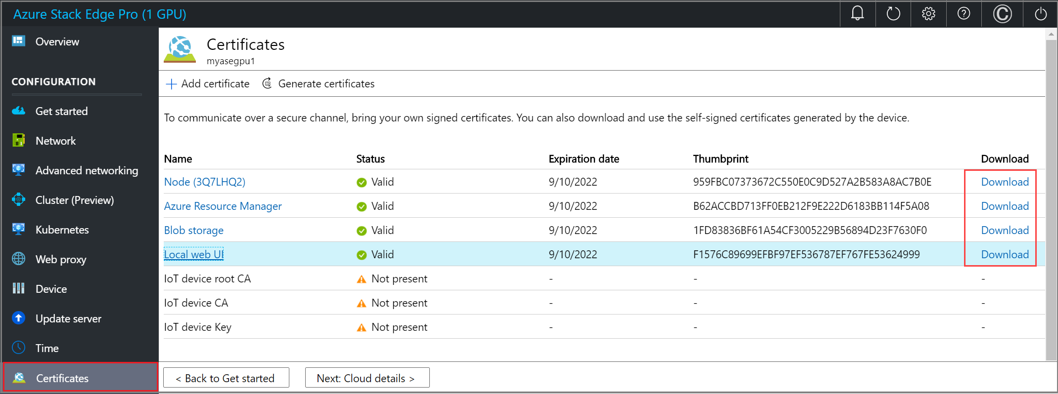 Screenshot of the Certificates page on an Azure Stack Edge device. The download links for generated certificates are highlighted.