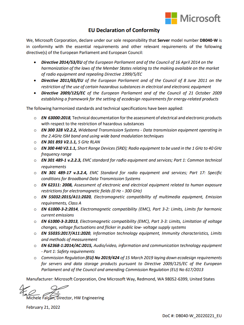 Screenshot of the Declaration of conformity for EU.