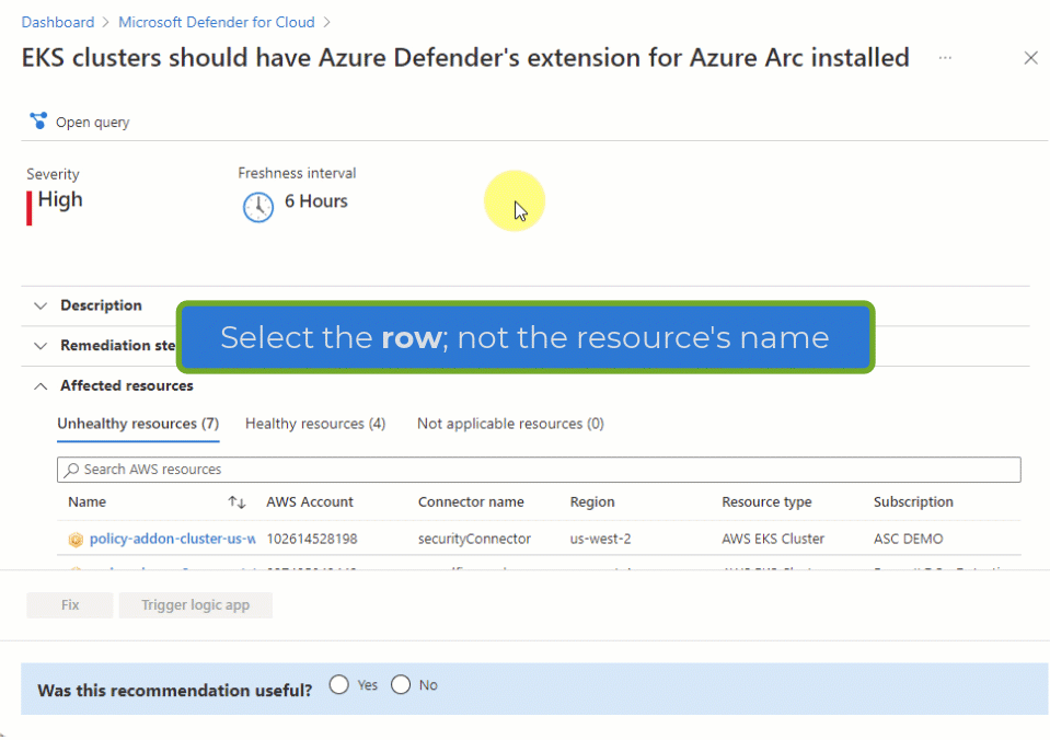 Vídeo de como usar a recomendação do Defender for Cloud para gerar um script para os seus clusters EKS que permite a extensão do Arco Azure. 