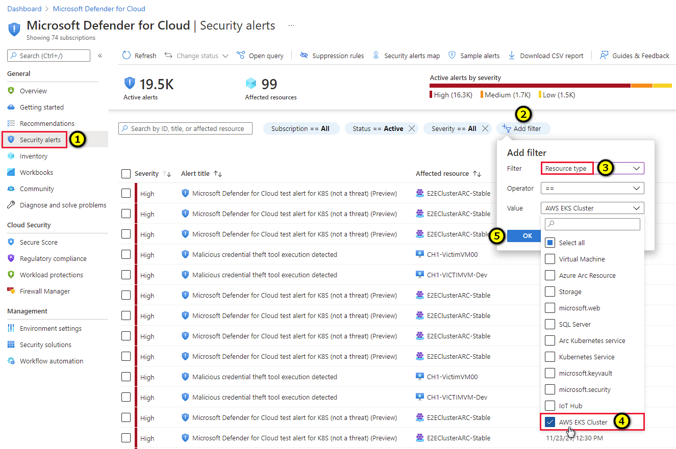 Screenshot de como usar filtros no Microsoft Defender para a página de alertas da Cloud para ver alertas relacionados com clusters AWS EKS.