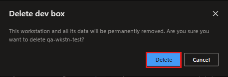Captura de tela da mensagem de confirmação sobre como excluir uma caixa de desenvolvimento.