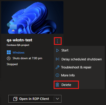 Captura de tela do menu Ações da caixa de desenvolvimento com a opção Excluir.