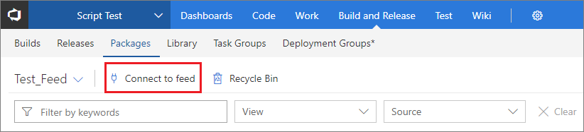 Screenshot that shows the button for connecting to a feed in Team Foundation Server.