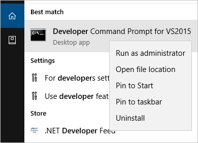 Screenshot do Prompt de Comando do Desenvolvedor para o menu Iniciar do VS2015 com 'Executar como administrador