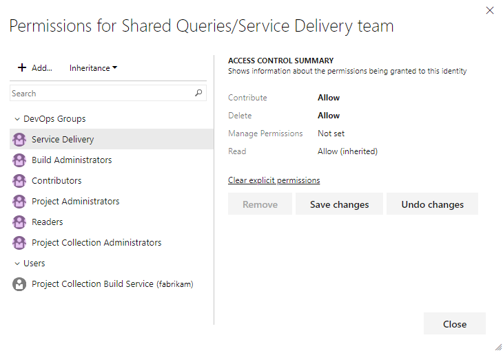 Captura de ecrã da caixa de diálogo Permissões para uma pasta de consulta, Azure DevOps Server 2022 e versões anteriores.
