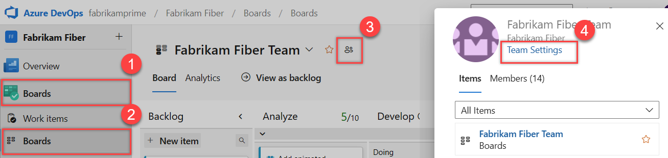 Captura de tela do Work Backlog ou Board, escolha o ícone do perfil da equipe.
