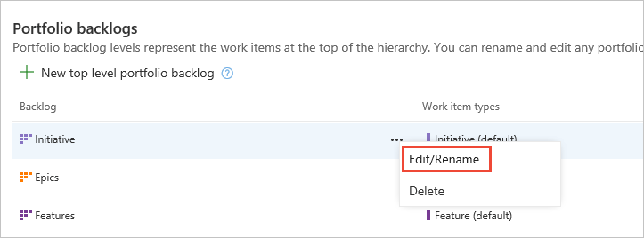 Selecione o menu de contexto de um registo de tarefas pendentes de portefólio para editar, mudar o nome ou eliminá-lo.