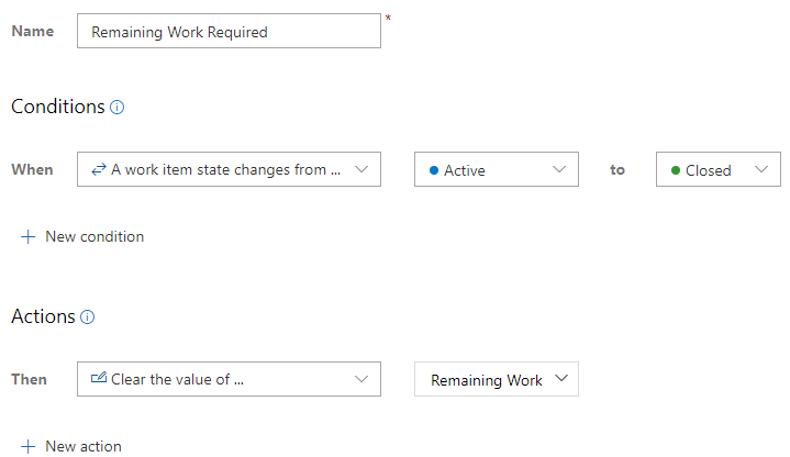 Captura de ecrã da regra personalizada para eliminar o Trabalho Restante necessário quando o Estado é alterado para Fechado.