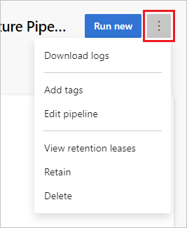 Captura de tela do pipeline executar página de resumo mais ações menu.