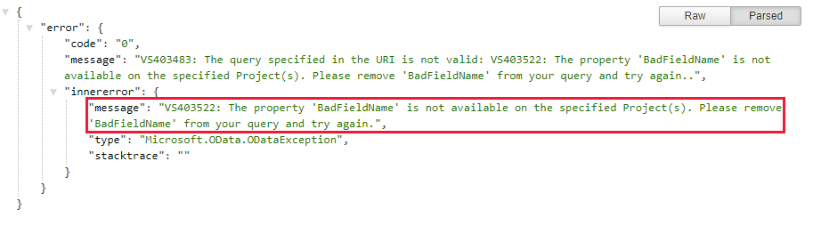Captura de tela que mostra o erro JSON para a extensão OData do Visual Studio Code.