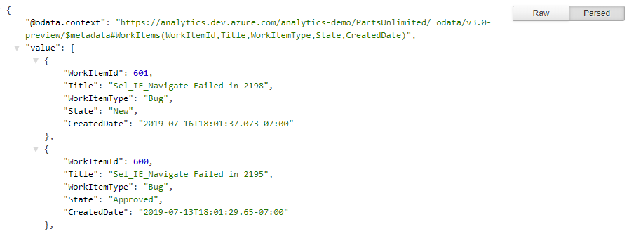 Captura de tela que mostra a saída JSON para a extensão OData do Visual Studio Code.