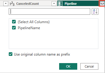 Captura de tela do menu de expansão da coluna Pipelines. 