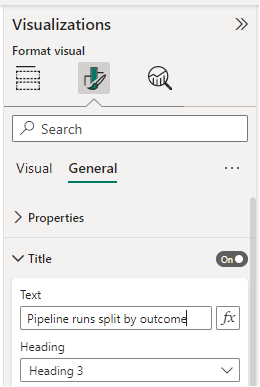 Captura de ecrã do painel Visualizações, opções de formato de relatório, alterar título. 