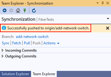 Captura de tela da mensagem de confirmação por push no Team Explorer no Visual Studio 2019.
