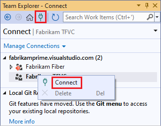Captura de tela que mostra a seleção de Conectar para conectar um projeto.