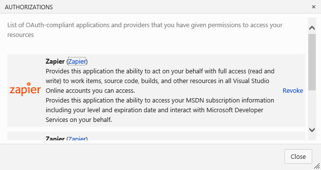 Captura de tela mostrando a opção Revogar para autorizações.