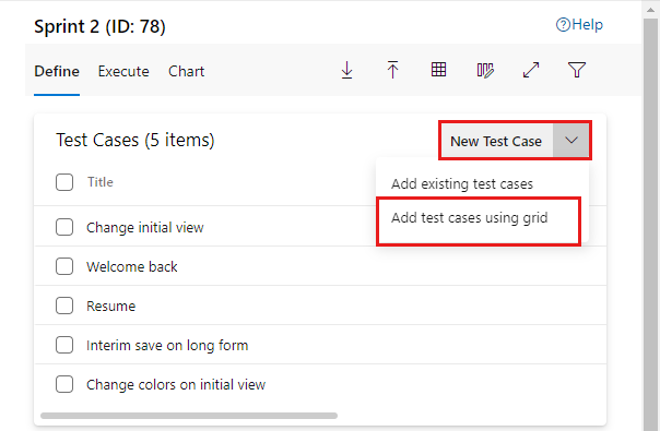 Captura de tela mostrando a opção para adicionar casos de teste usando o modo de exibição Grade.
