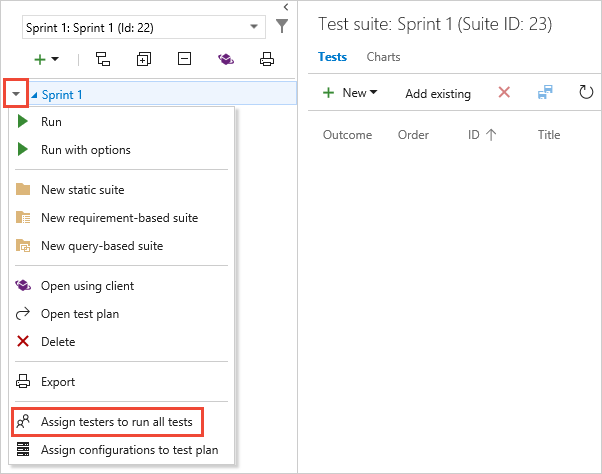 Captura de tela mostrando a atribuição de testadores para executar todos os testes.