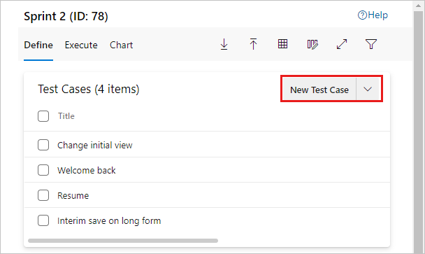 Captura de tela mostrando casos de teste com o botão Novo caso de teste realçado.
