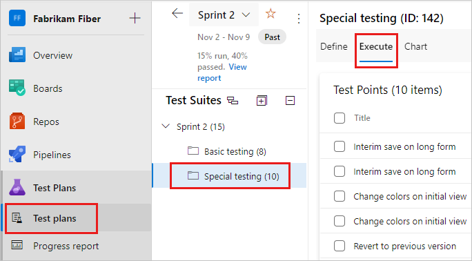 A captura de tela mostra um conjunto de testes selecionado com a guia Executar selecionada