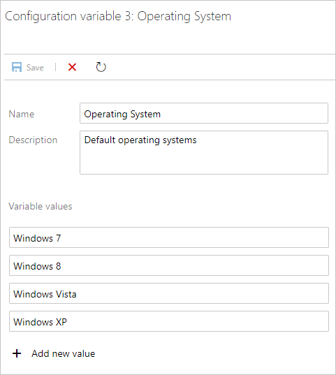 Screenshot shows setting the values for an Operating Systems configuration variable.