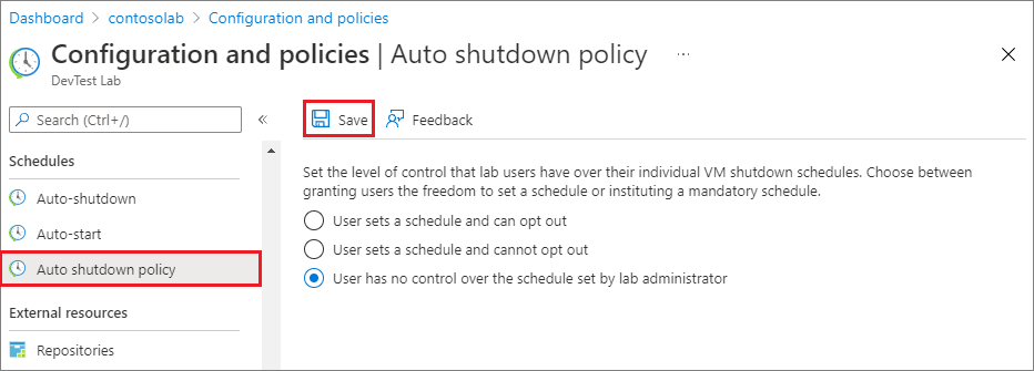 Captura de ecrã a mostrar as opções de política de encerramento automático.