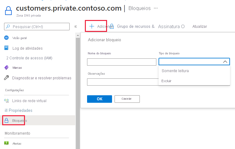 Captura de ecrã a mostrar bloqueios para a zona DNS privada.