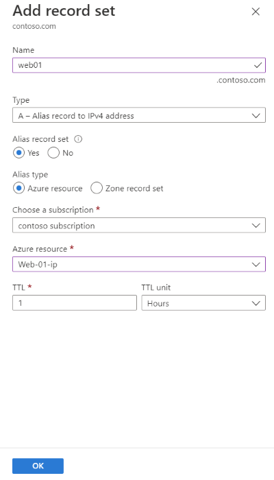 Captura de ecrã a mostrar a adição de um registo de alias para se referir ao IP público do Azure do servidor Web I S com a página Adicionar conjunto de registos.