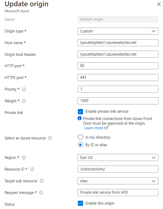 Captura de tela da caixa de seleção ativar serviço de Link Privado na página de configuração de origem.