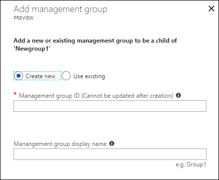 Captura de ecrã das opções 'Adicionar grupo de gestão' para criar um novo grupo de gestão.