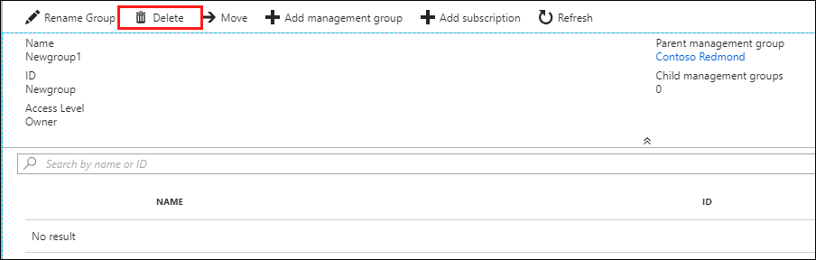 Captura de ecrã da página do grupo de gestão com o botão 'Eliminar' realçado.