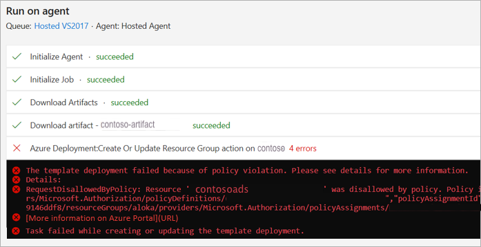 Captura de ecrã a mostrar Azure Policy falha no registo.