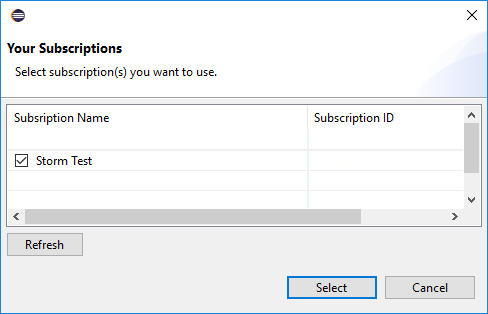 Select Subscriptions dialog box.