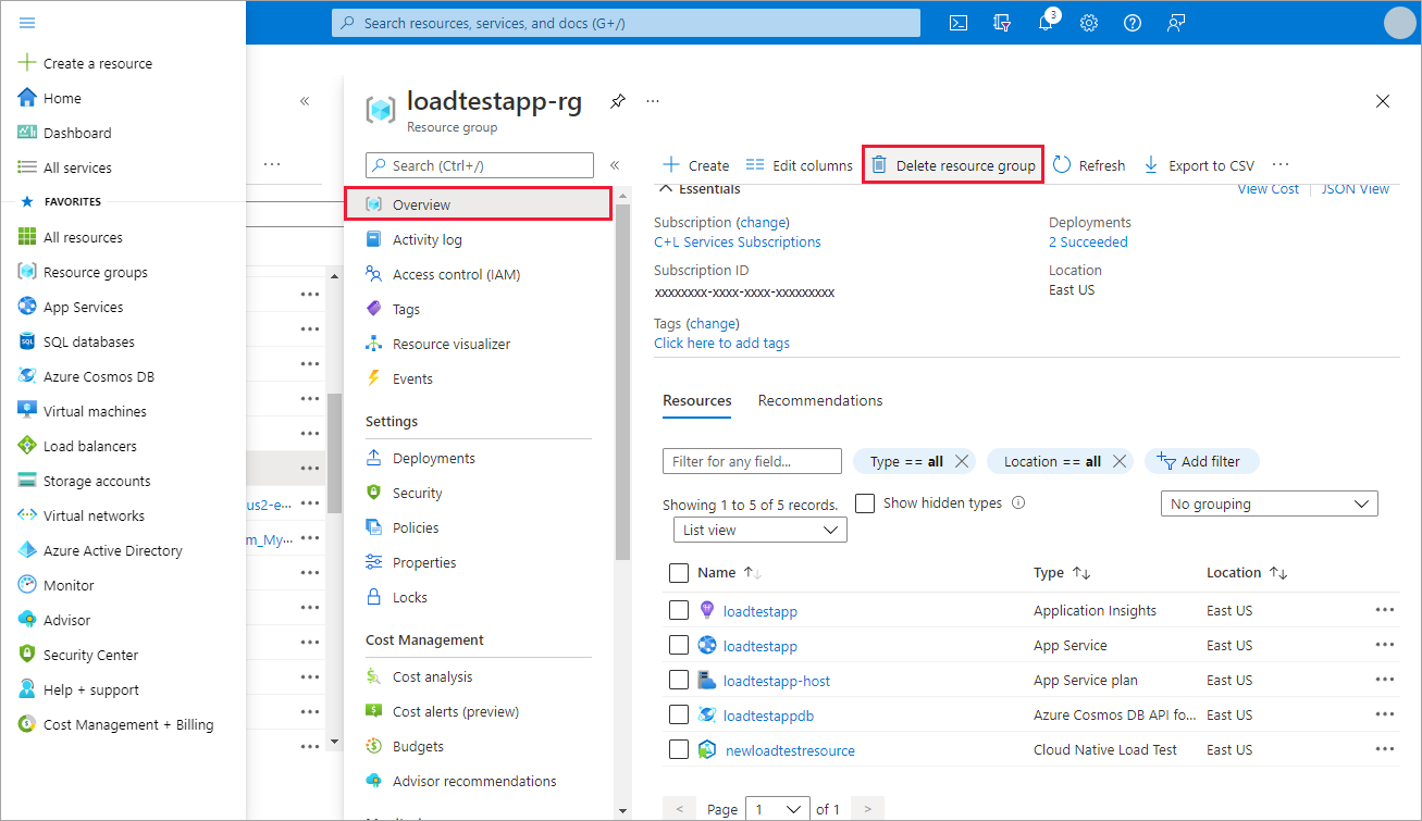Screenshot of the selections to delete a resource group in the Azure portal.