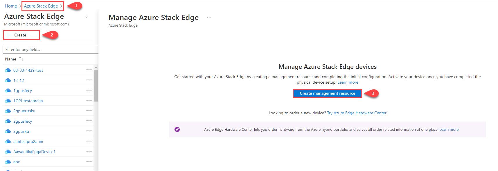 Ilustração mostrando 3 passos para iniciar a criação de recursos de gestão em Azure Stack Edge.