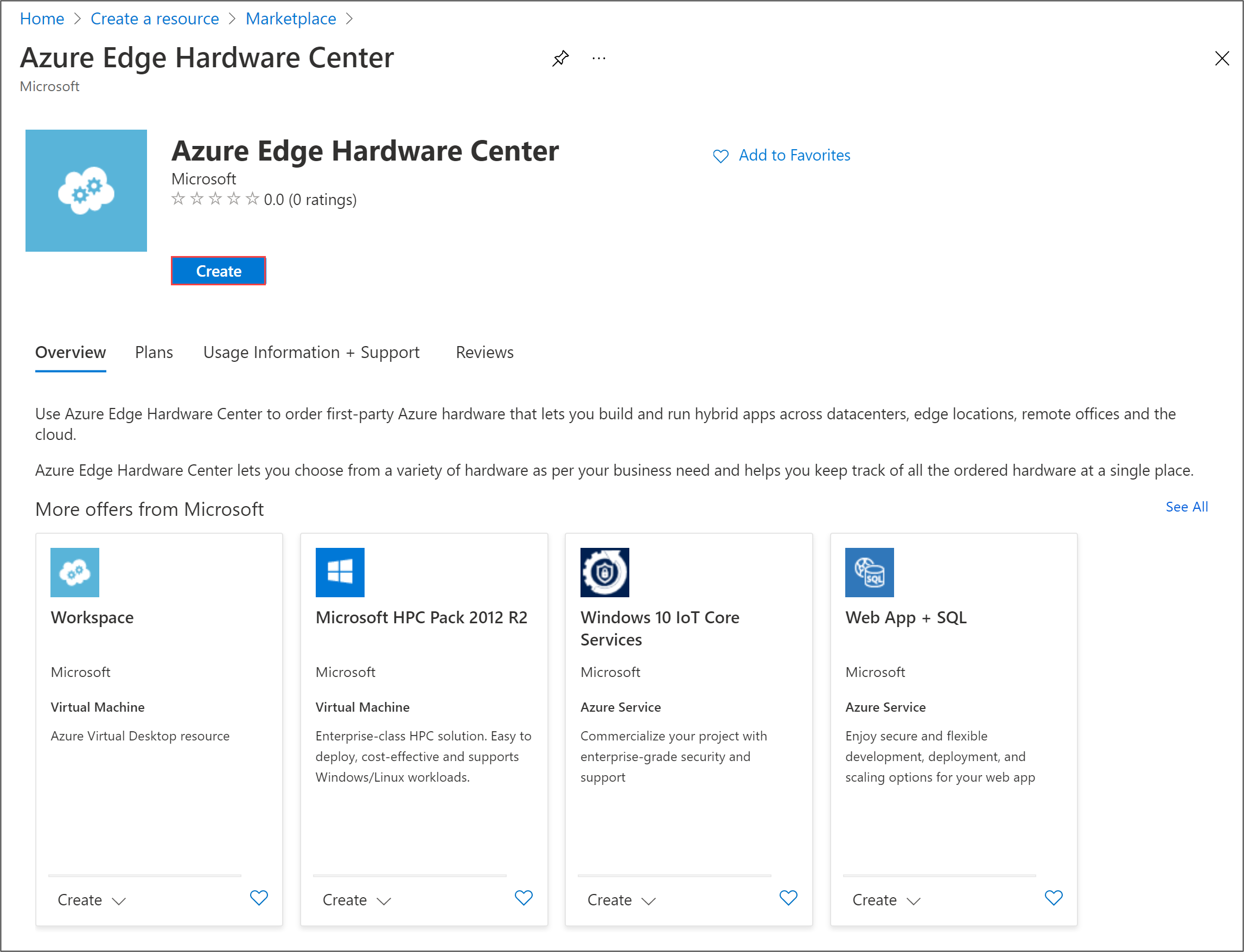 Screenshot da página inicial do Azure Stack Edge Hardware Center. O botão Criar é realçado.
