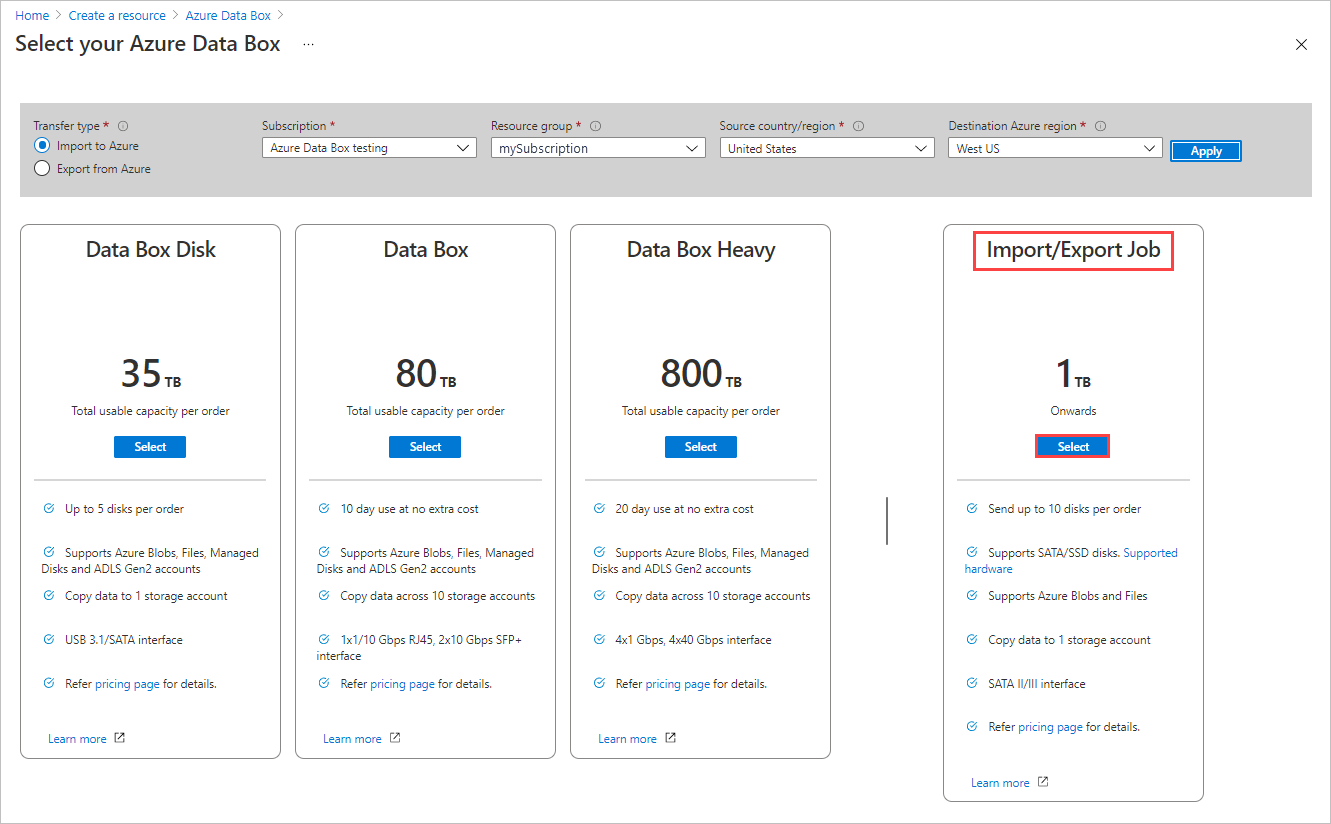 Captura de tela mostrando as opções do produto para um novo pedido do Data Box. O botão Selecionar para Importar Trabalho de Exportação está realçado.