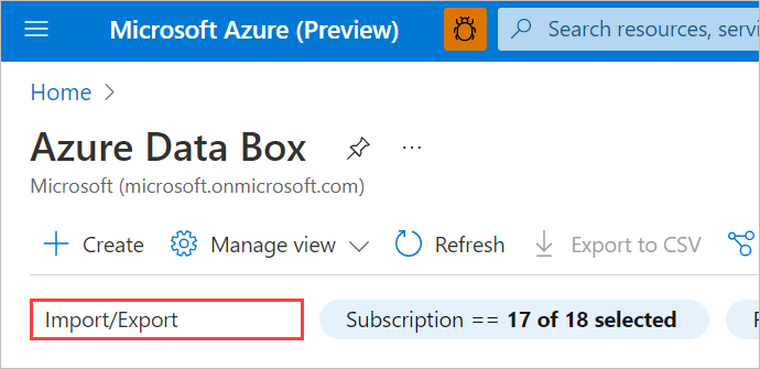Captura de ecrã a mostrar como filtrar recursos da Caixa de Dados no portal do Azure para mostrar trabalhos de Importação/Exportação. A caixa Pesquisar está realçada.