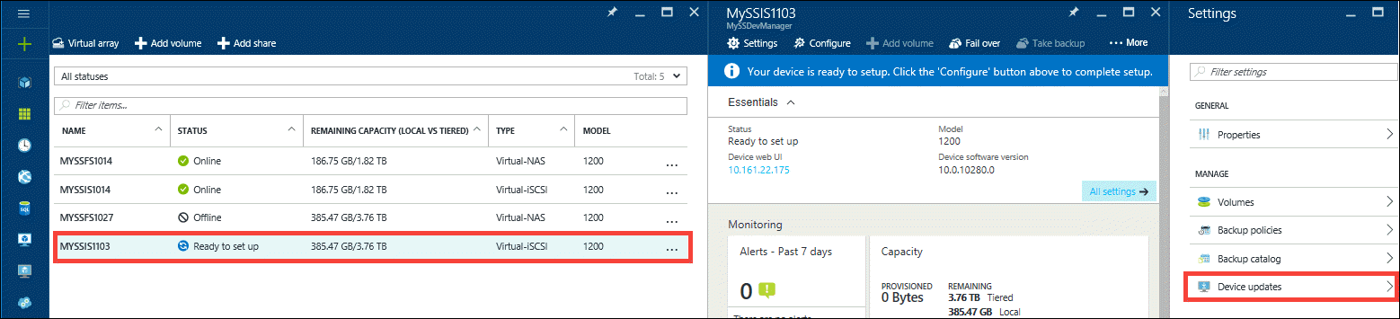 Information for MYSSIS1103 appears. In Settings, Device updates is highlighted.