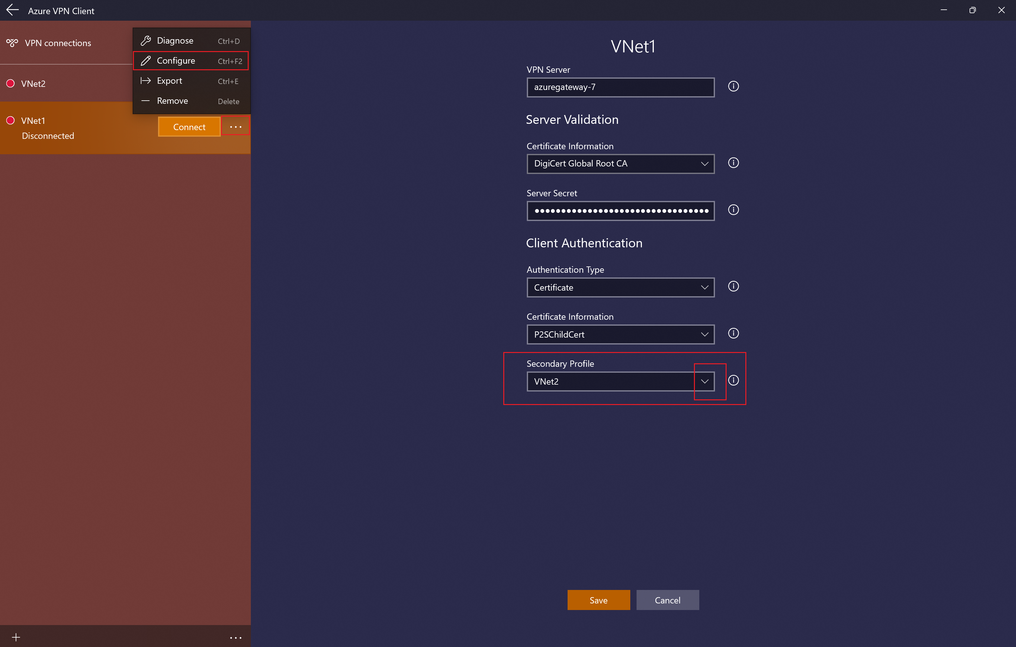Captura de ecrã a mostrar a página de configuração do perfil do cliente VPN do Azure com perfil secundário.