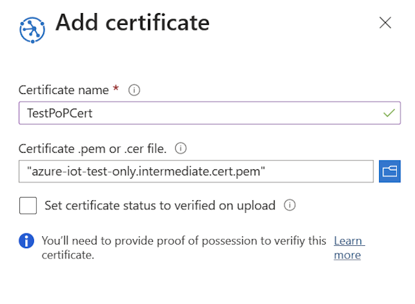 Captura de ecrã que mostra o carregamento de um certificado sem verificação automática.