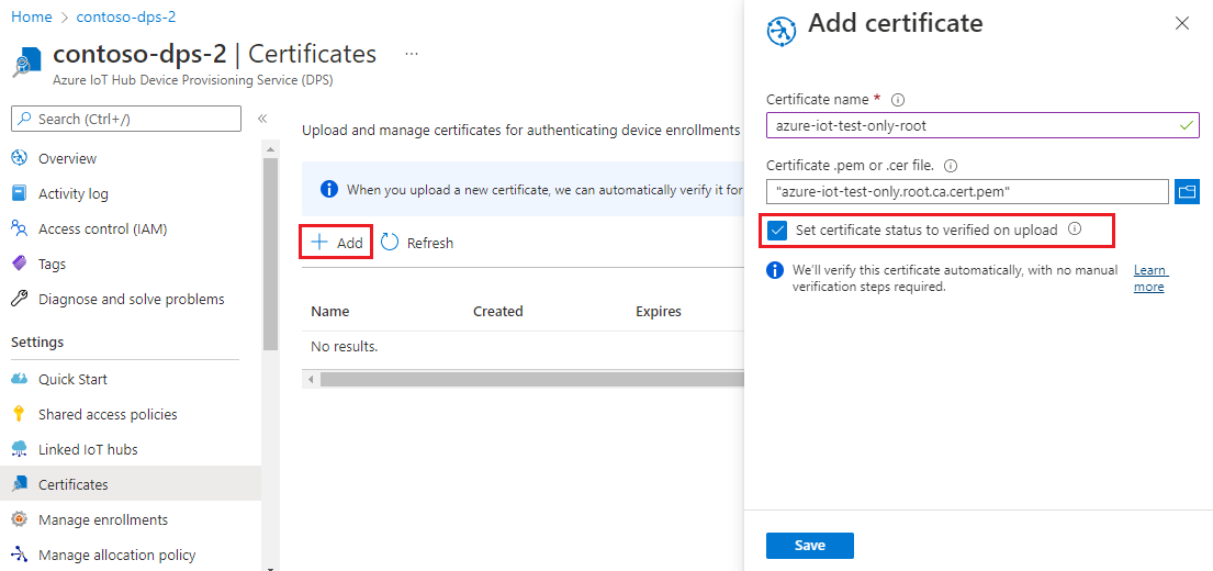 Captura de tela que mostra a adição do certificado de autoridade de certificação raiz a uma instância DPS.