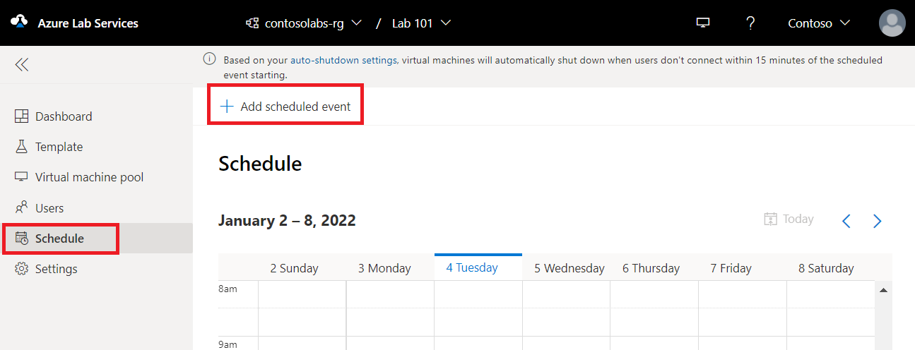 Captura de ecrã a mostrar a página “Agendamento” do Azure Lab Services, com o botão Adicionar agendamento selecionado.