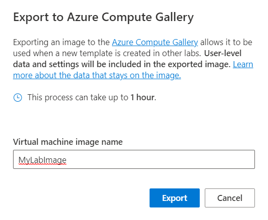 Caixa de diálogo Exportar para o Azure Compute Gallery