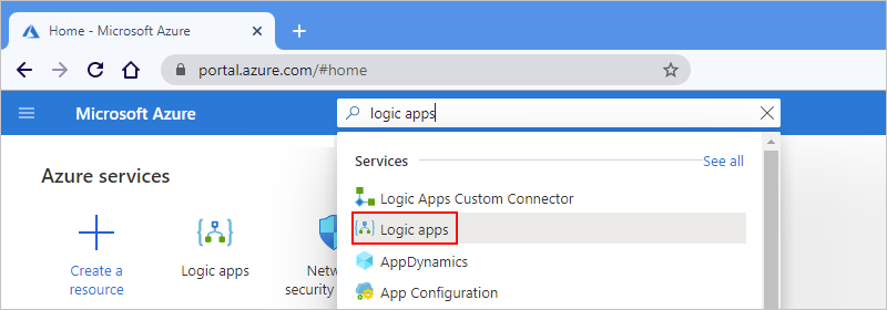 Captura de ecrã a mostrar a caixa de pesquisa do portal do Azure com aplicações lógicas introduzidas e grupo de aplicações lógicas selecionado.