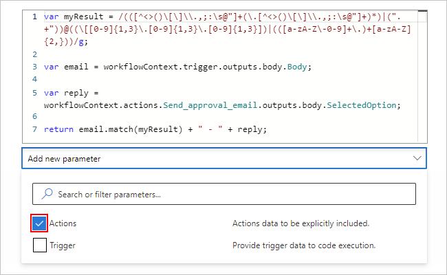 Captura de ecrã a mostrar a ação Executar Código JavaScript com o parâmetro Actions (Ações) selecionado.